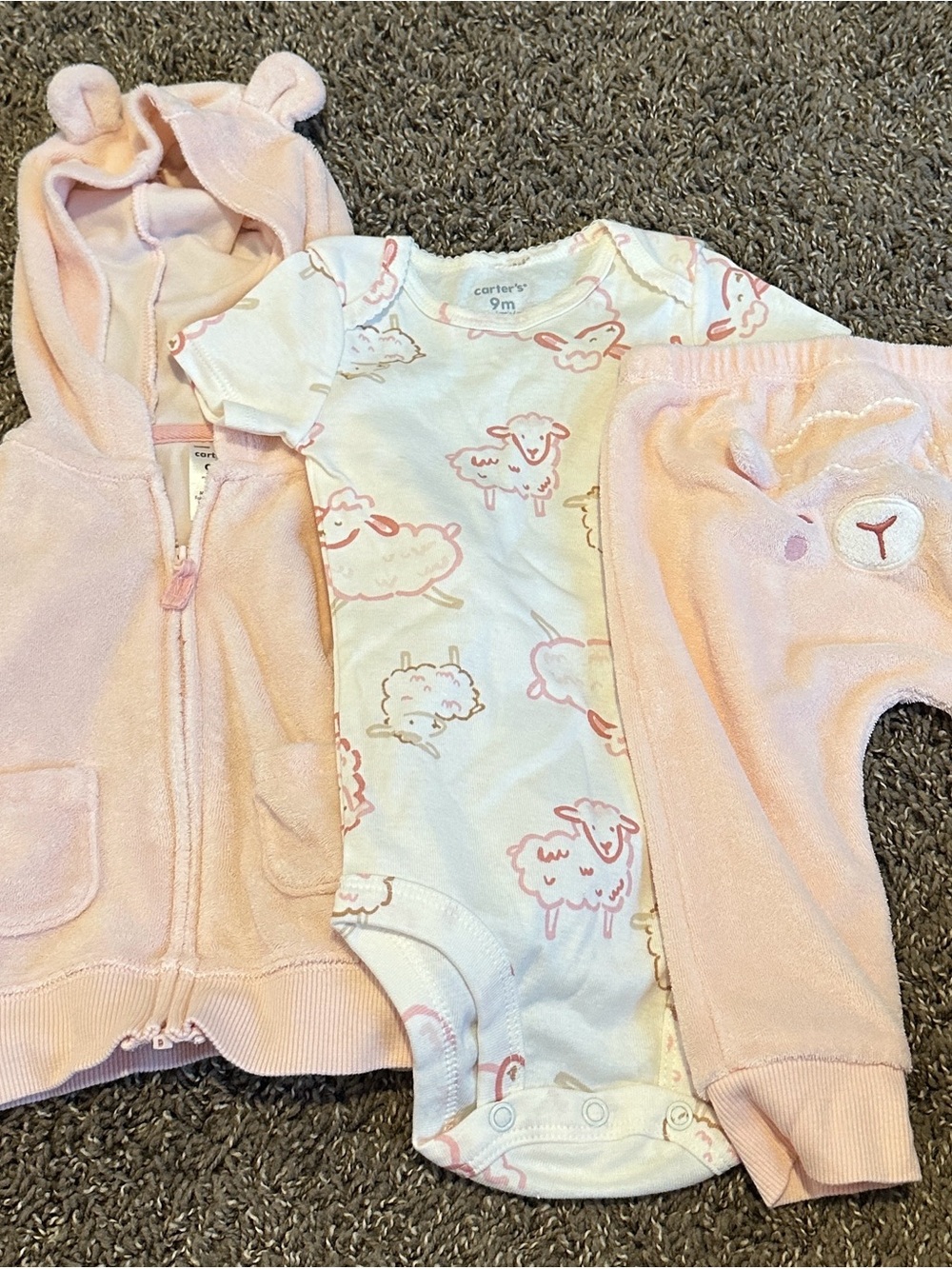 Carter's Pink & White Lamb 3-Piece Baby Outfit - Hoodie, Bodysuit & Pants